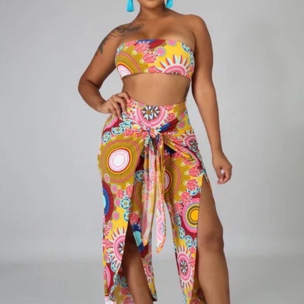 Yellow Floral Tie-Front Beach Sarong Pants Set
